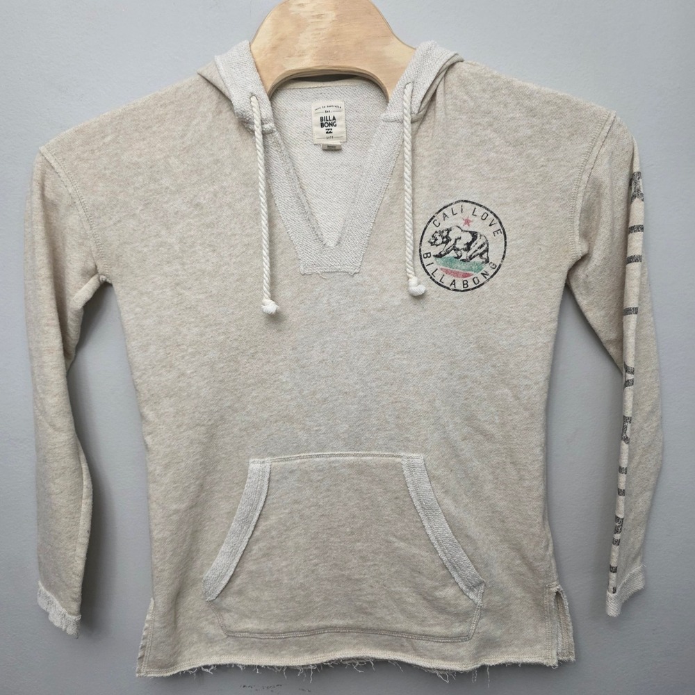 Billabong Cali Love Hoodie Womens Medium Oatmeal Graphic Raw Hem Surf - Picture 4 of 12